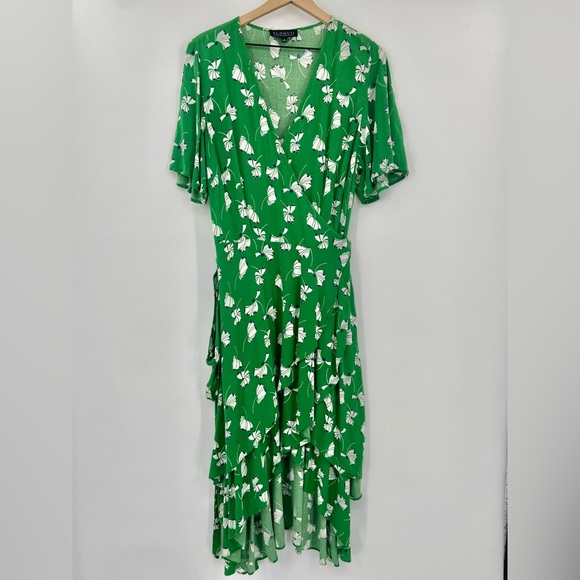 Eloquii Green Floral Print Layered Plus Size Wrap Dress 14 - Picture 4 of 13